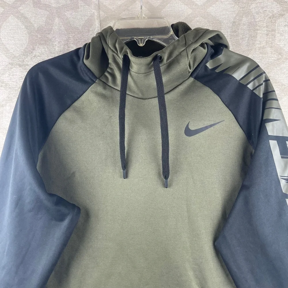 Nike Dri-FIT Men Large Olive Green Black Graphic Sleeve Pullover Hoodie